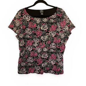 INC International Concepts 1X Romantic Rose Floral Top, Pink Black Stretch